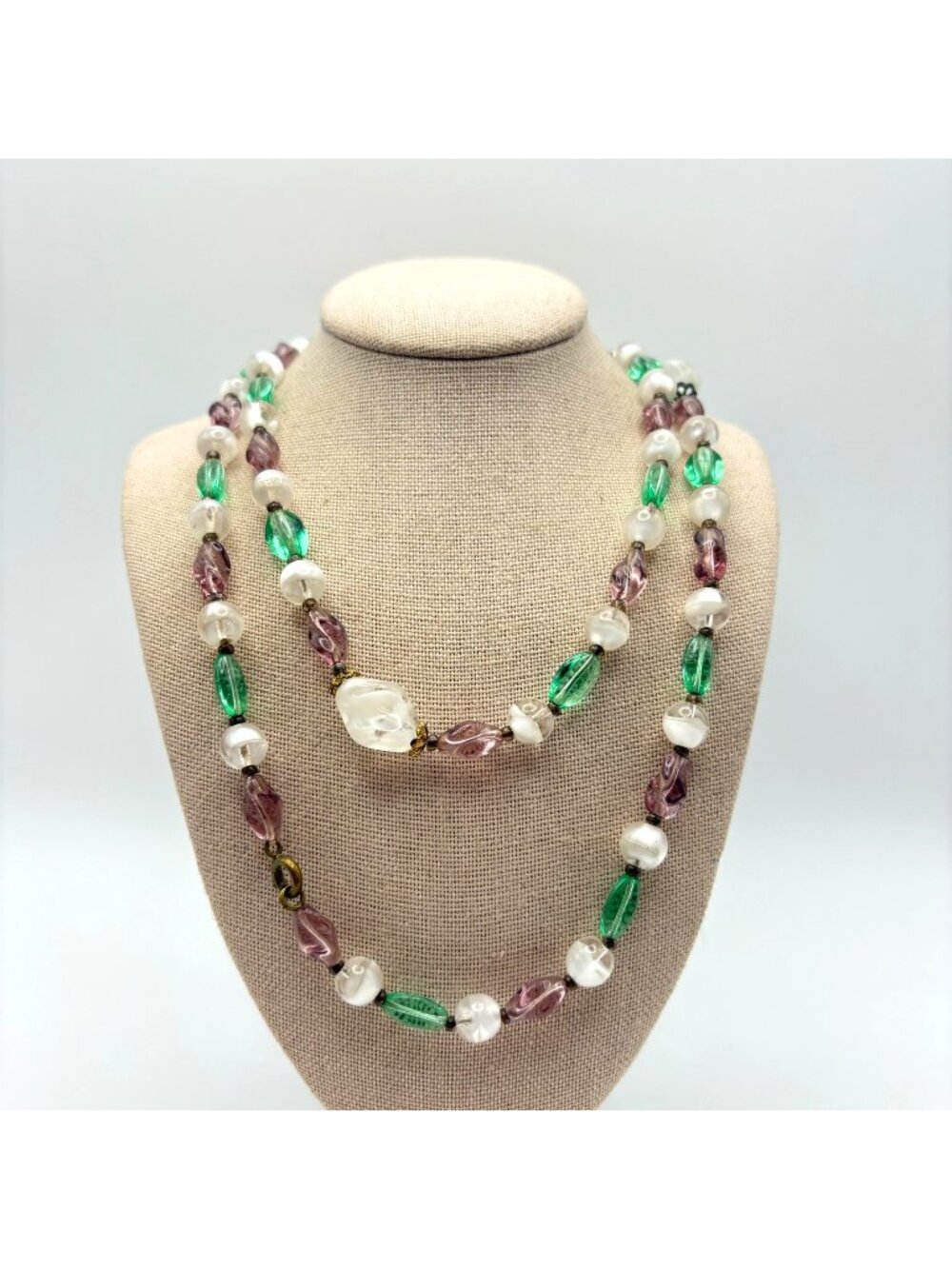 Artisan Glass Bead Green Purple White Freeform Round Stone Beaded Necklace 54" L